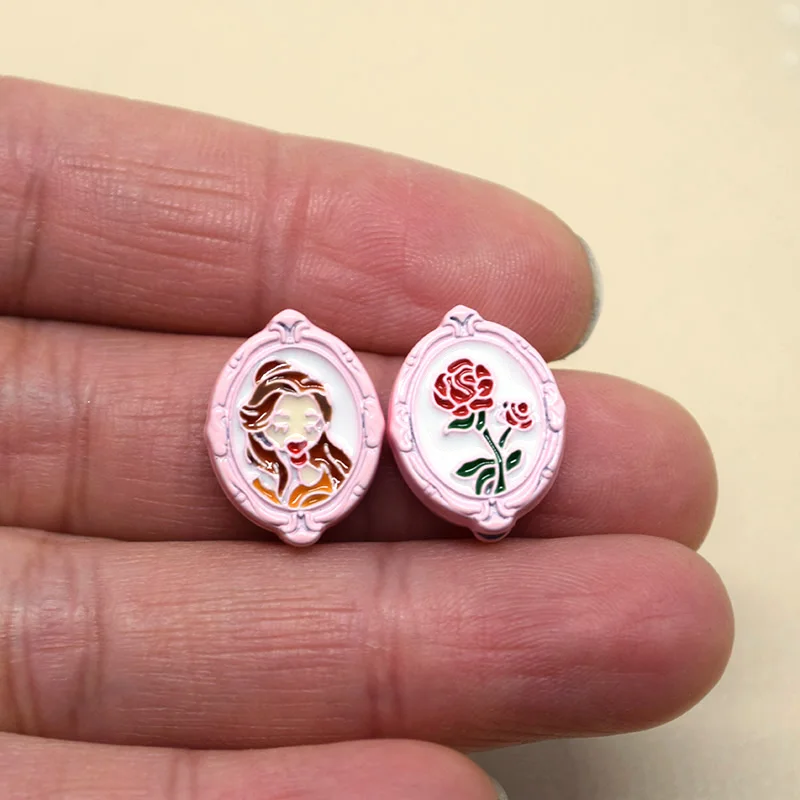 Double Sided Rose Flower Princess Enamel Connector Beads 2pcs Handmade Alloy Bracelet Beaded Earring Charms Jewelry Findings