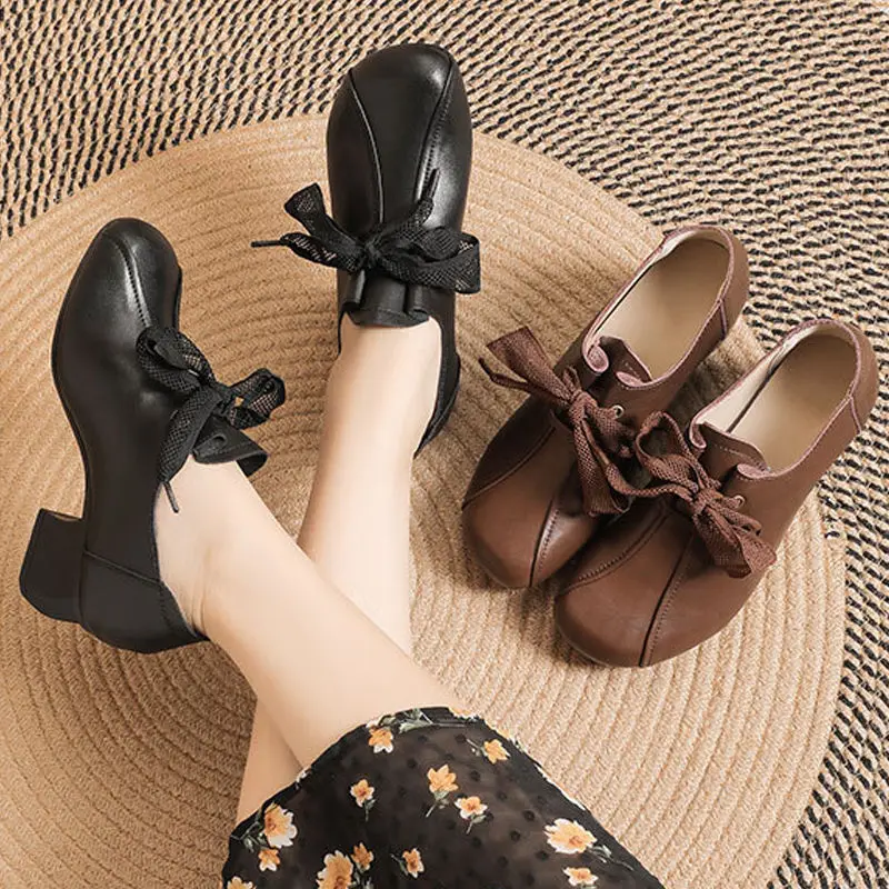 Spring Oxford Low Heels Shoes For Women Lace Up Pumps Woman Handmade Genuine Leather Shoes Ladies Round Med Heels Dressy Shoes