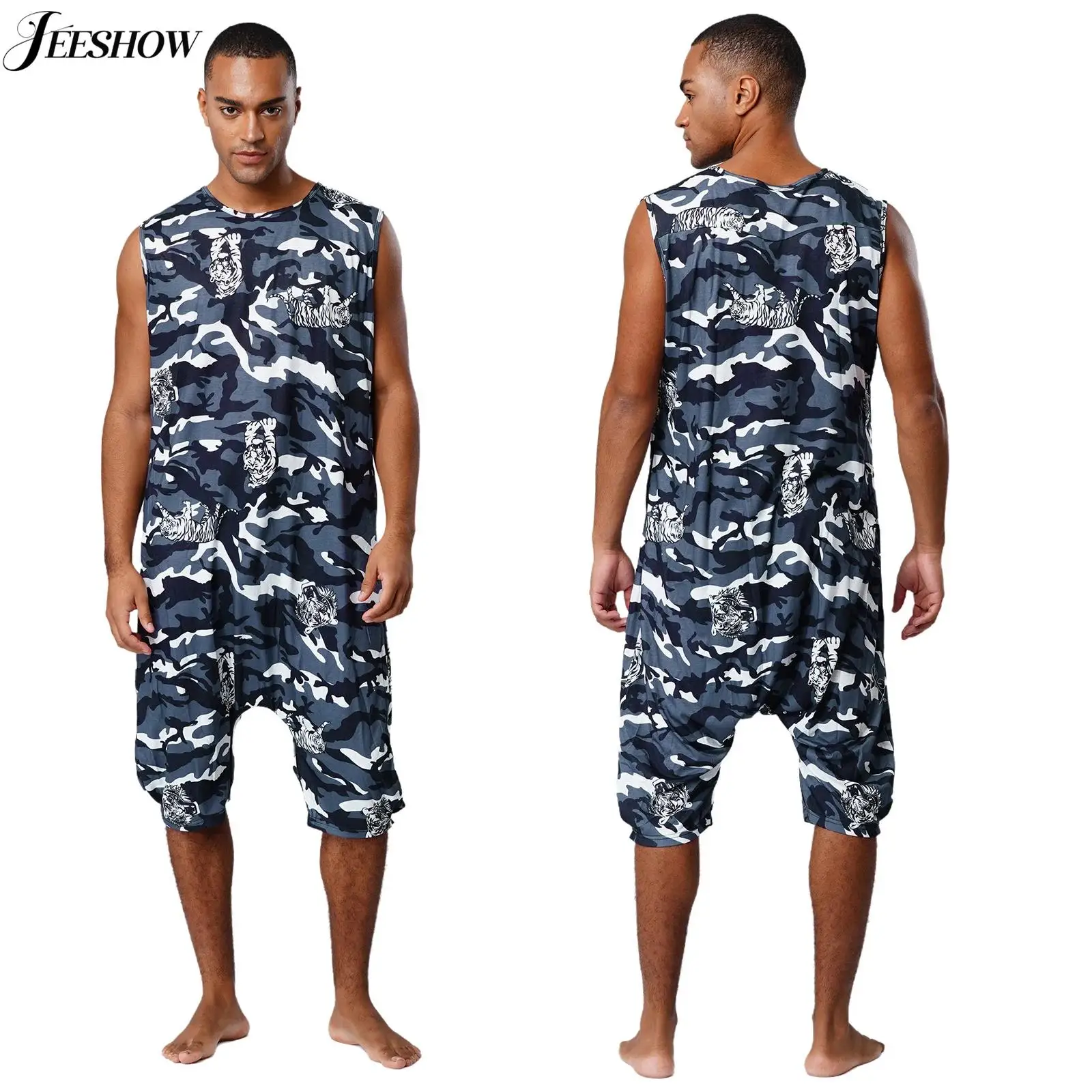 

Mens Multiple Printed One Piece Pajamas Round Neck Sleeveless Zipper Crotch Rompers Home Loungewear Sleepwear Loose Fit Jumpsuit