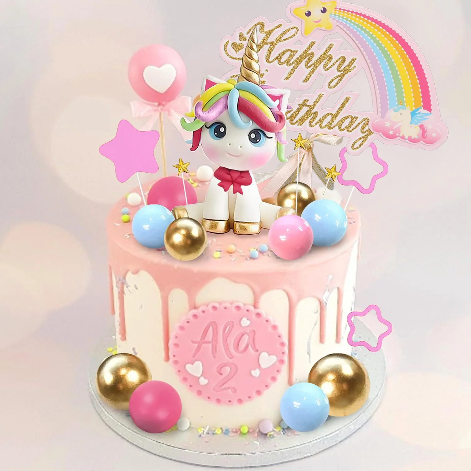 Unicorn Cake Topper, Unicorn Rainbow Cake Decorations with Rainbow Stars Unicorn Balls Happy Birthday Cake Decorations