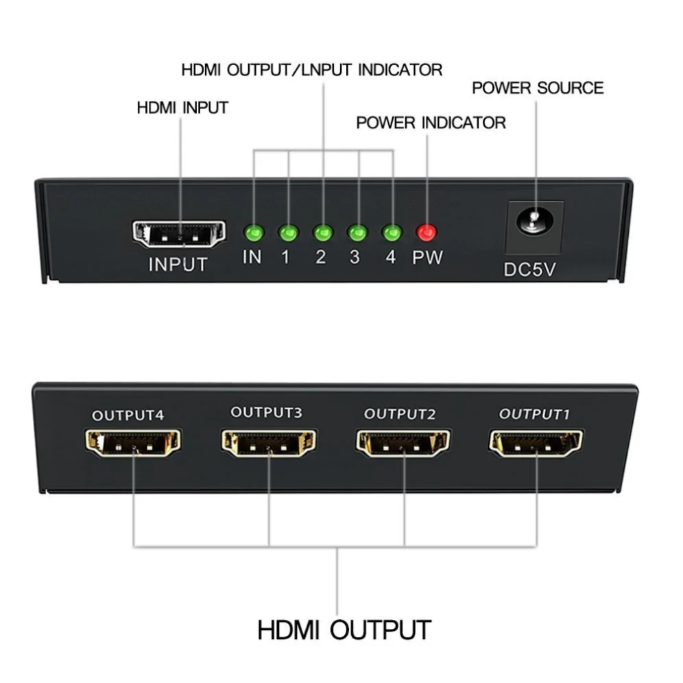 GRWIBEOU HDMI-compatible Splitter HDCP 1 in 4 out Power Signal Amplifier 3D 1080P 1x4 Audio Spliter Switch HD Converter Adapter