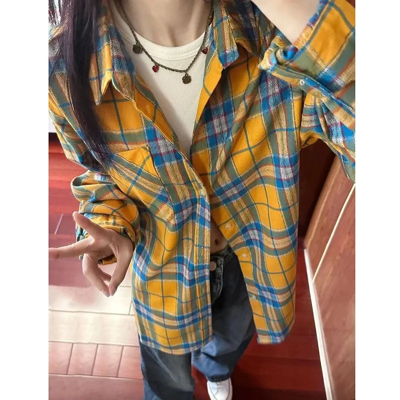 24 New Arrival Spring/summer Women Loose Fit Long Sleeve Turn-down Collar Blouse Casual Plaid Cotton Single Breasted Shirts P15