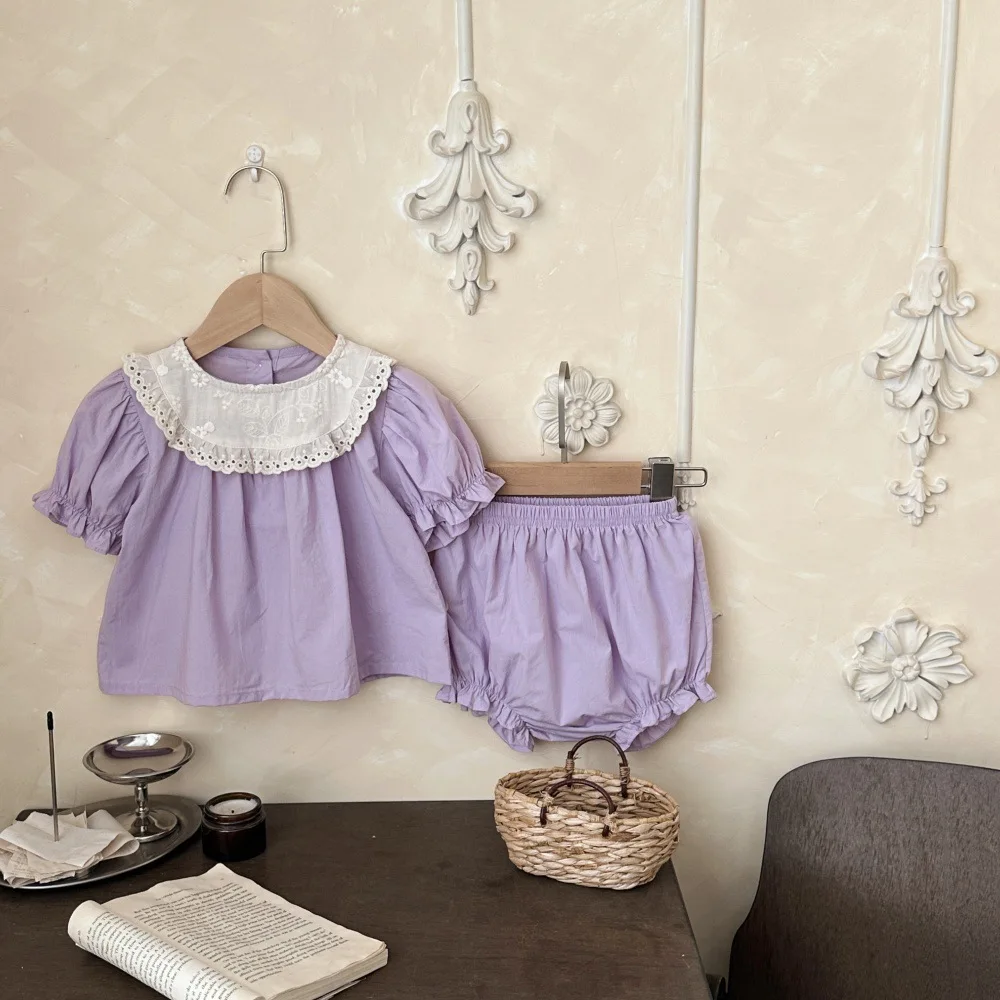 

2026 Summer New Baby Girl Short Sleeve Clothes Set Kids Girls Lace Collar Tops + Shorts 2pcs Suit Toddler Cotton Outfits