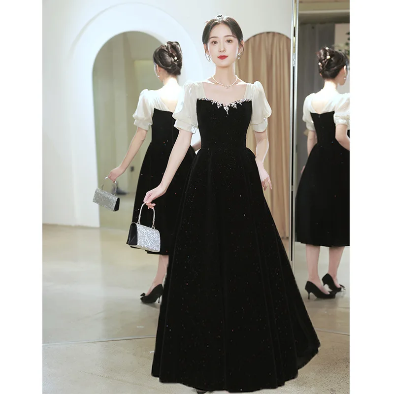 GIYSILE Abiti da sposa neri Abito da sposa a maniche corte per fidanzamento Abiti da sera con colletto quadrato Abiti da festa