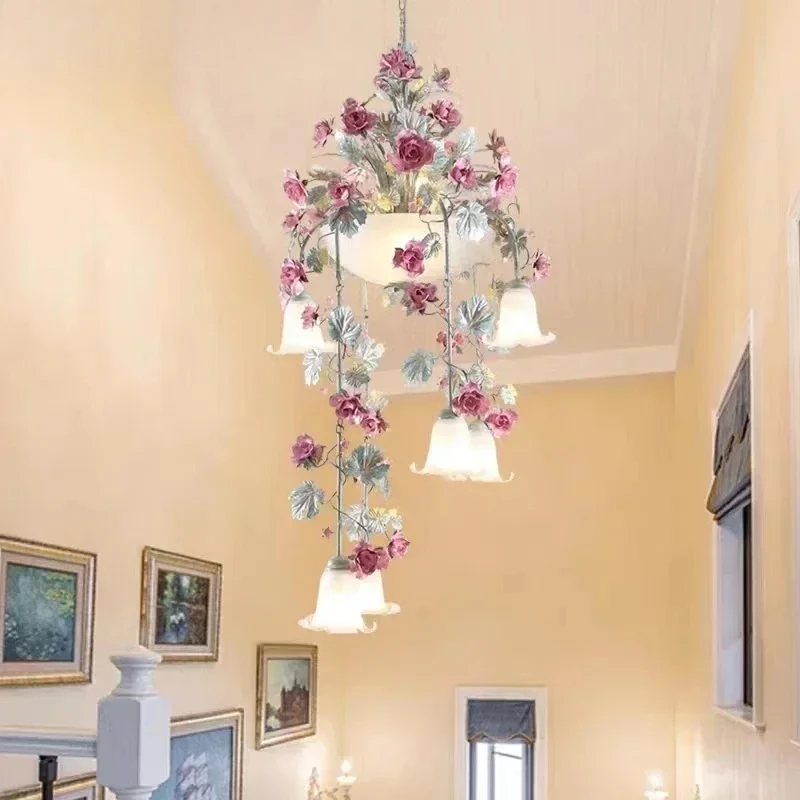 Pastoral style staircase pendant lamps Korean romantic handmade iron flower luminaire rose lantern long glass chandeliers