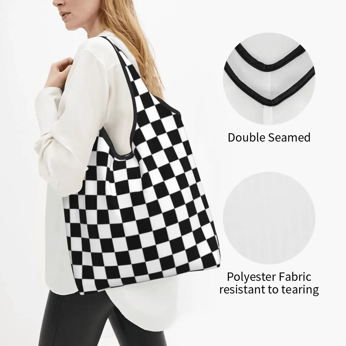 Black And White Grocery Bags Durable Large Reusable Recycle Heavy Duty Checkerboard Shopping Tote Bag Washable Lightweight image 2