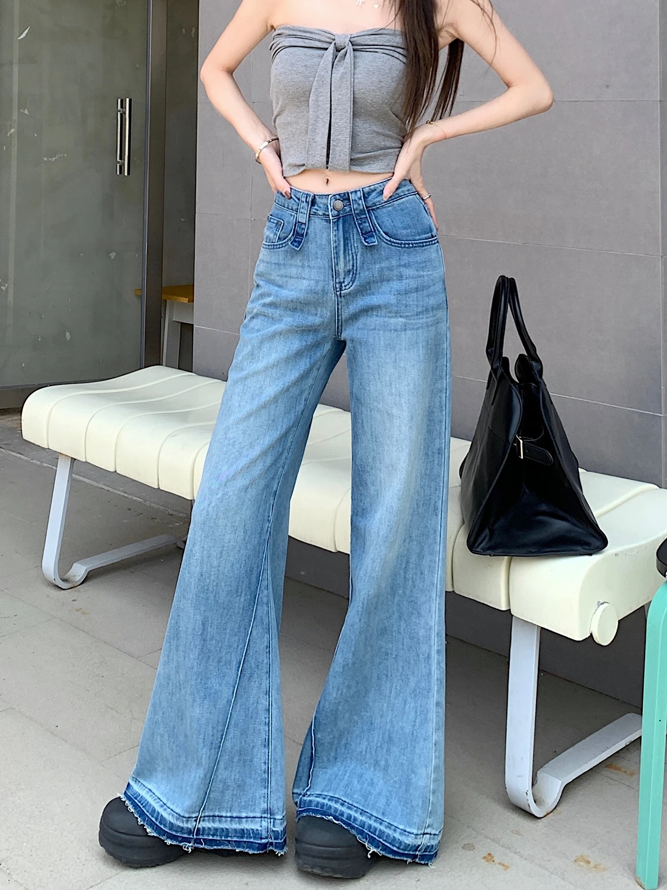 

Elegant Deep Blue Bell Bottom Jeans Women's Fashion Spring New Slimming Floor Length Casual Washed Denim Ladies High Waist