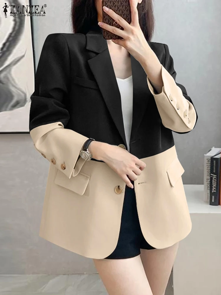 ZANZEA Koreaanse Stijl Lange Mouw Jassen Herfst 2024 Kantoorkleding Contrast Kleur Losse Casual Blazer Vrouwen Revers Hals Blazer