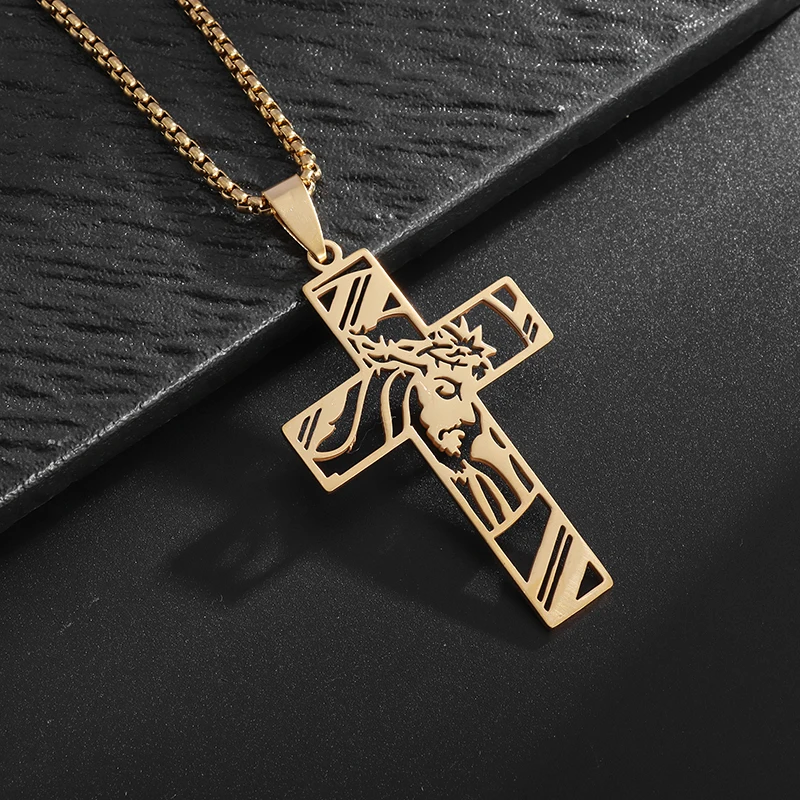 Catholic Jesus Crown of Thorns Cross Stainless Steel Pendant Necklace Men\\'s Christian Vintage Prayer Jewelry