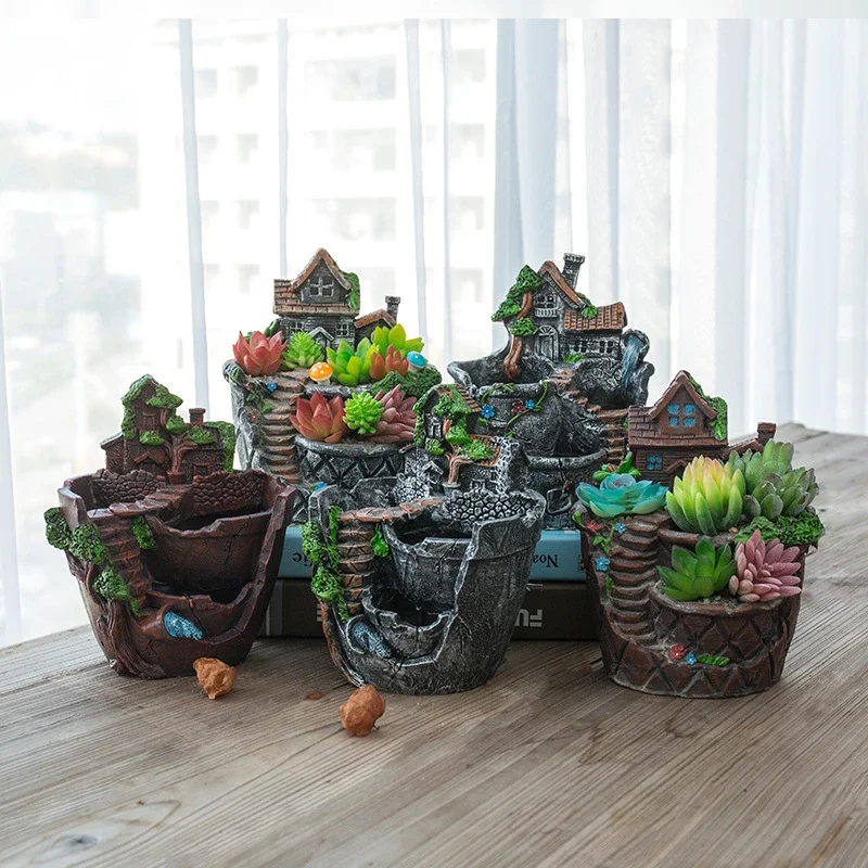 Fairy House Statue Resin Hand-Painted Thatched Roof Sculpture Flower Pot Ornament Outdoor Decoration Garden Accessories Gift