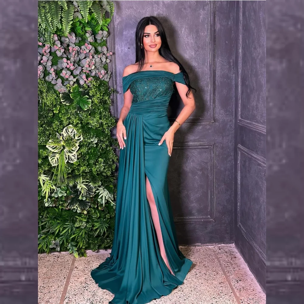 

Sparkle High Quality Exquisite Satin Draped Pleat Sequined Prom A-line Off-the-shoulder Bespoke Occasion Gown Long Dresses