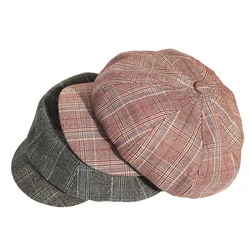 2023 Retro Plaid Splicing Beret Wełniana ośmiokątna czapka Ciepła czapka gazeciarza Street Painter Hat Retro Forward Cap England Plaid Hat