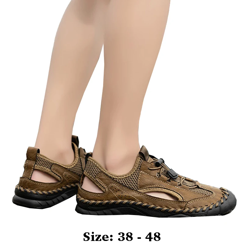 

High quality leather flat sandals for men round toes new summer 2025 size 38 48 casual outdoor walking big size shoe brown khaki