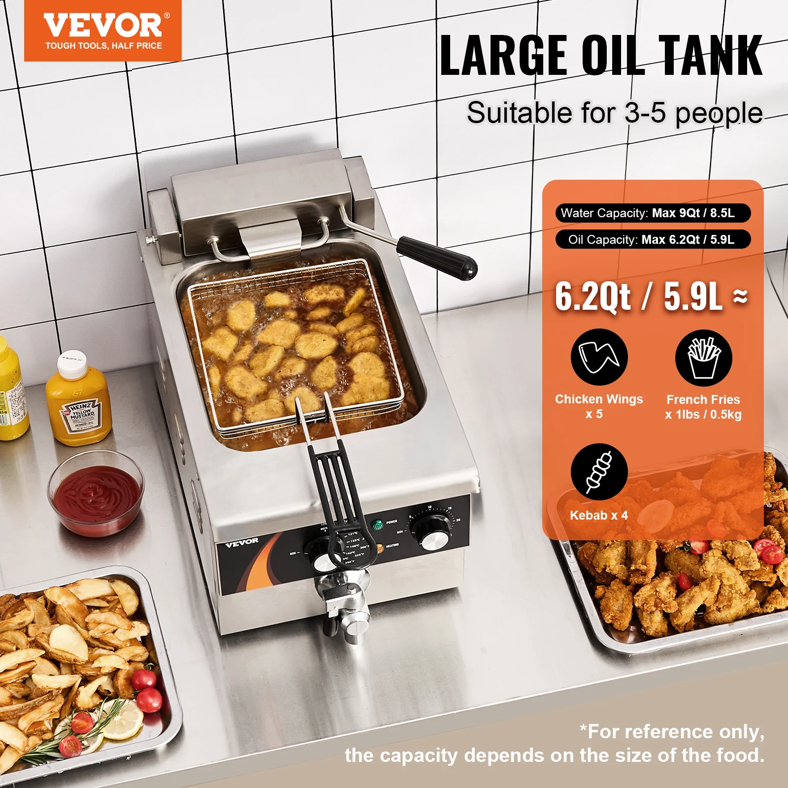 VEVOR 9Qt /8.5 L مقلاة عميقة تجارية 1750 وات مقلاة كهربائية مع سلة مقلاة زيت بخزان واحد للتحكم في الوقت والدرجة الحرارية