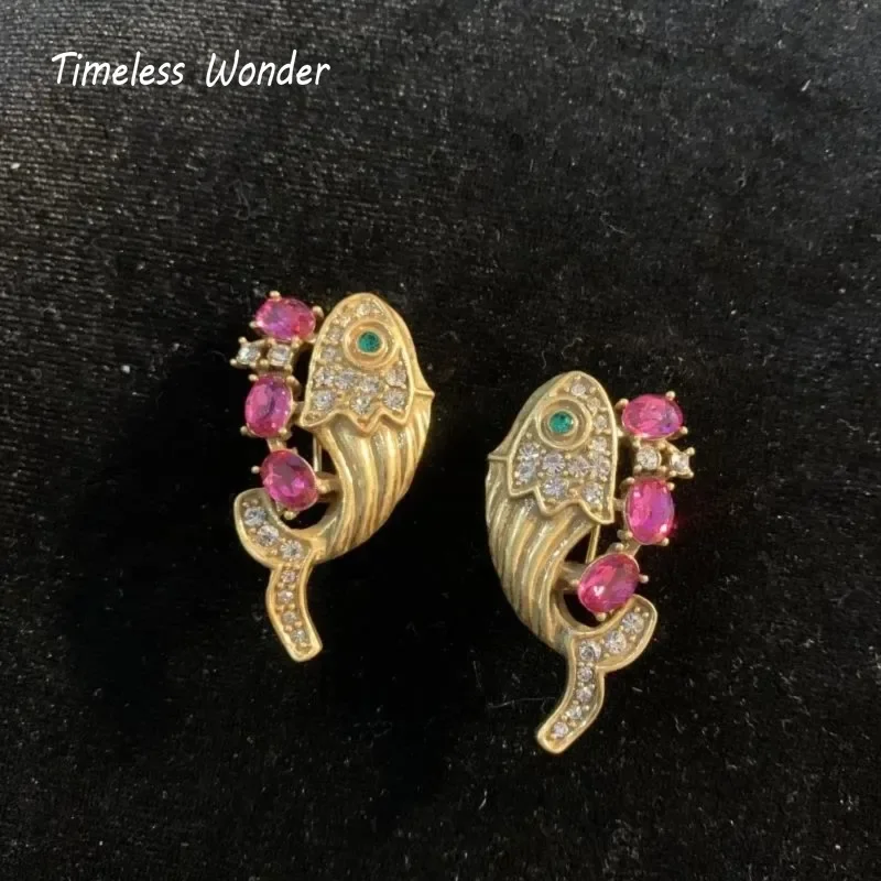 Timeless Wonder Retro Zircon Fish Button Earrings for Women Designer Jewelry Punk Luxury Vintage Chinese Style Party Rare 5329