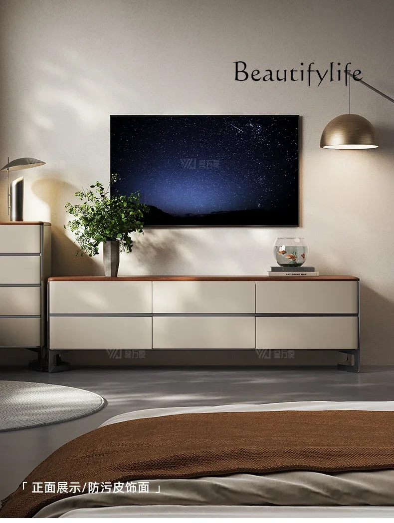 

Ss Italian Minimalist TV Cabinet Bedroom Light Luxury High-end Chest Cabinet Simple High-end Leather Floor Solid Wood Locker