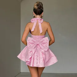 Halter Jacquard Backless Bow Short Summer Dress Woman Sexy A-line Pink Mini Dresses Y2K Evening Party New Birthday White Blue