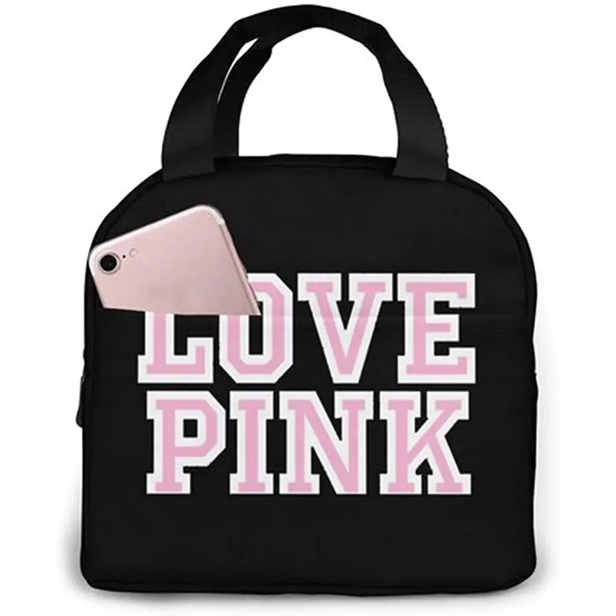 Love Pink Black Portable Insulated Lunch Bag Waterproof Tote Bento Bags Lunch Tote for Women Lunch Box for Work School Picnic