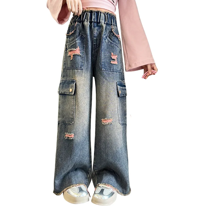 

Girls Jeans 2024 Spring Fall Pockets Broken Hole Wide Leg Pants Kids Trendy Teenage School Casual Children's Trousers 8 10 12Yrs