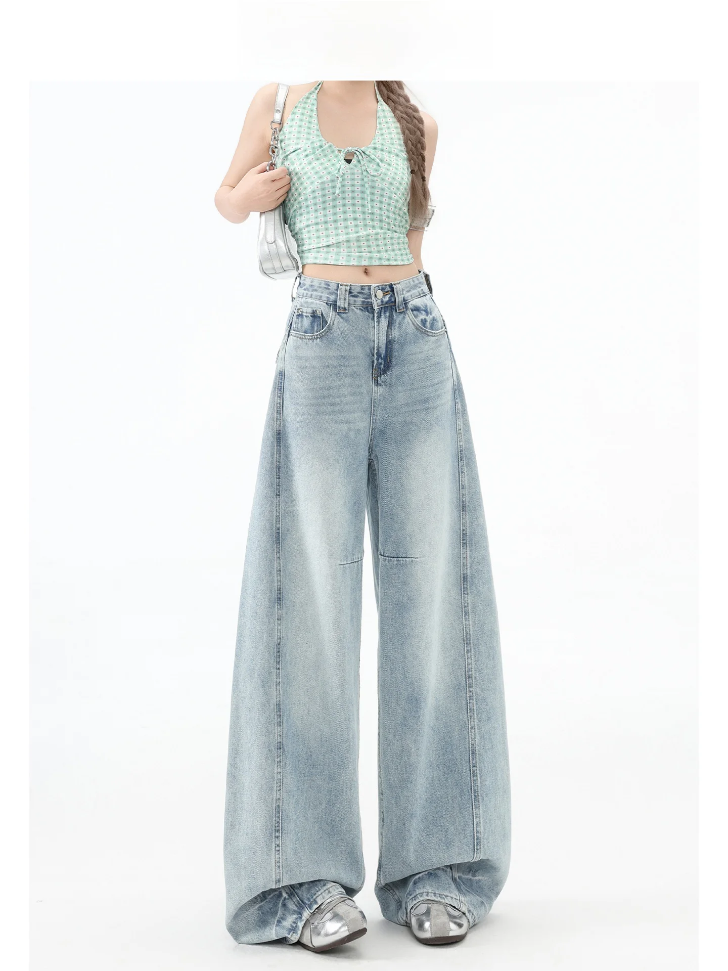 Calça Jeans Feminina de Cintura Alta e Perna Larga, Design Americano, Forever 21, Caimento Solto, Azul Claro, Reta, Casual, Denim