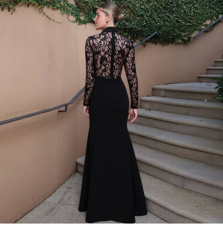 التصميم الأمريكي مثير تفريغ الدانتيل الربط الجاكار المرأة فستان الخريف جديد مطوي الوقوف طوق فساتين طويلة الأكمام السيدات