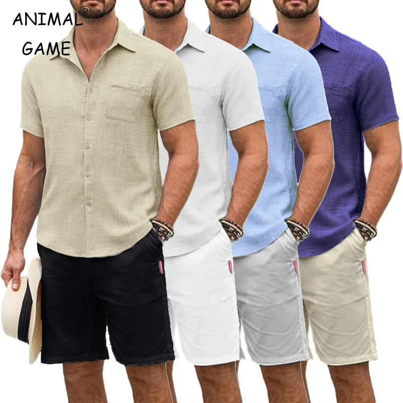 

Summe Men's Short Sleeve T Shirts Cotton and pants Beach 2 Pieces Sets Button Down Shirts Suit Casual Tracksuit Vacation Clothes