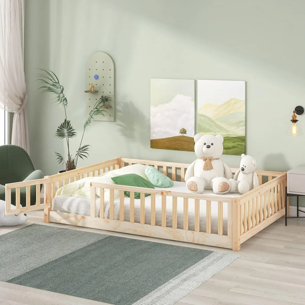 Twin Floor Bed for Children, Sturdy Wood Montessori Bed Frame with Wood Slats, Fence & Door, Montessori Floor Bed for Girls