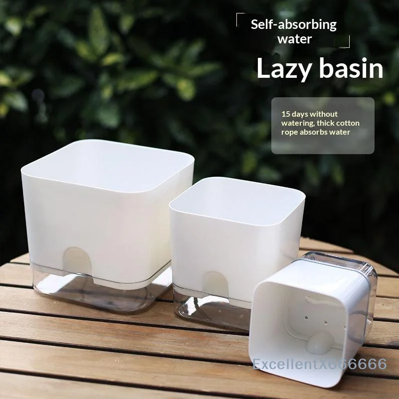 Low Maintenance Self Watering Plant Pot 1Pcs White Square Double Layer Flower Pot for Home Daily