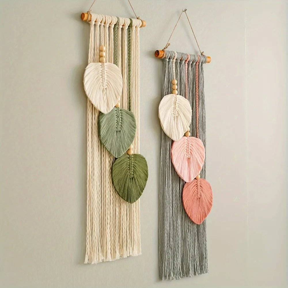 Böhmische Blatt-Makramee-Wandbehänge Handgewebter Wandteppich mit Holzperlen für Boho Wohnzimmer Schlafzimmer Wanddekoration Böhmischer Stil Kunst