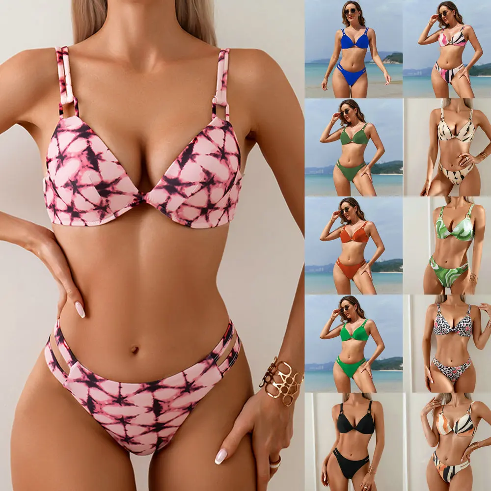 

2025 Push Up Strappy Bikini Two Piece Swimsuit Women Printed Swimwear Female Bathers Bathing Swimming Swim Suit Beachwear