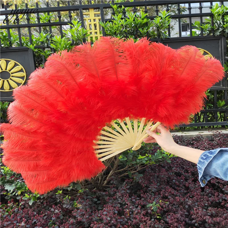 High Quality 15 Bone Ostrich Feathers Fan Halloween Party Wedding Celebration Belly Dance Show DIY Decorative Red Feathers Fan