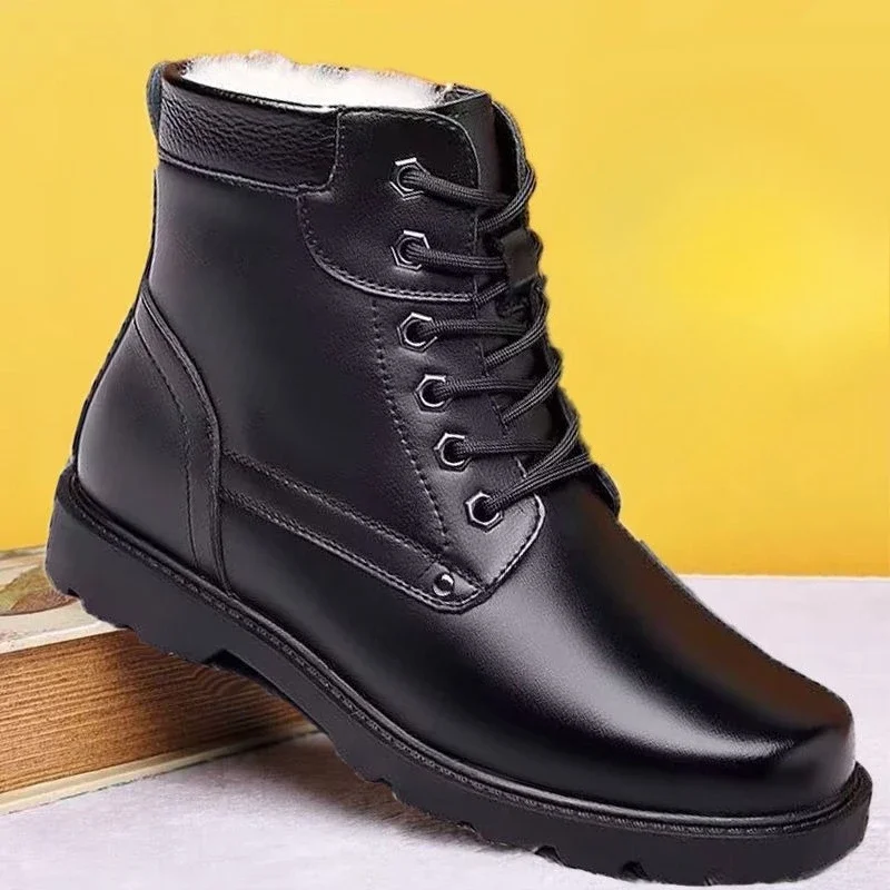 ​Men's Winter Genuine Leather Fleece Lined High Top Snow Boots Warm Wool Cotton Padded Lace Up Casual Outdoor Shoes