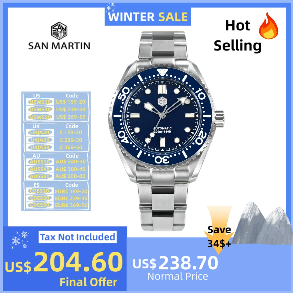 San Martin Mechanical Wristwatches Automatic Mens Watches Sport Bracelet Miyota 8215 41.5mm 20ATM Luminous Montre Homme SN0036