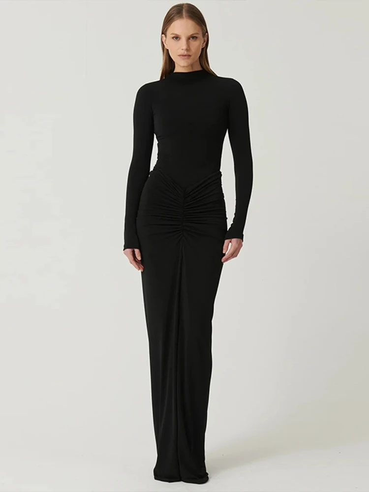Seksowne czerwone sukienki damskie Jesień Nowa moda uliczna Fałdy O-Neck Długie rękawy Casual Slim Maxi Sukienka Elegancka damska sukienka z dzianiny — zdjęcie 7