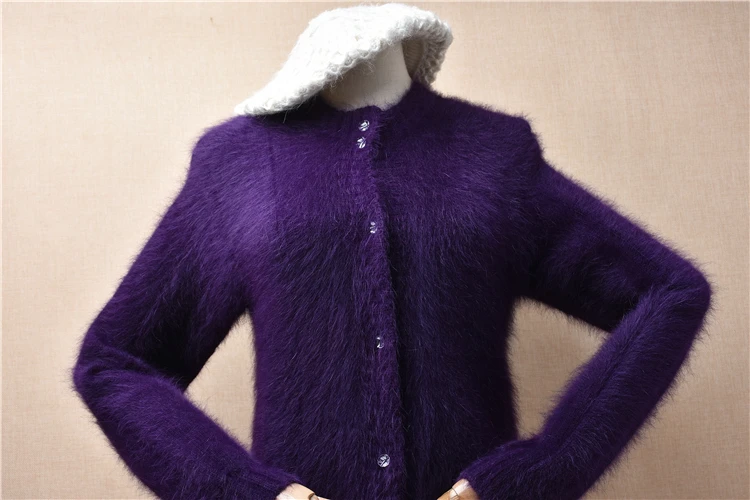 04 Female Women Fall Winter Clothing Purple Soft Hairy Angora Rabbit Hair Knitted Long Sleeves Slim Cardigans Jacket Sweater Top