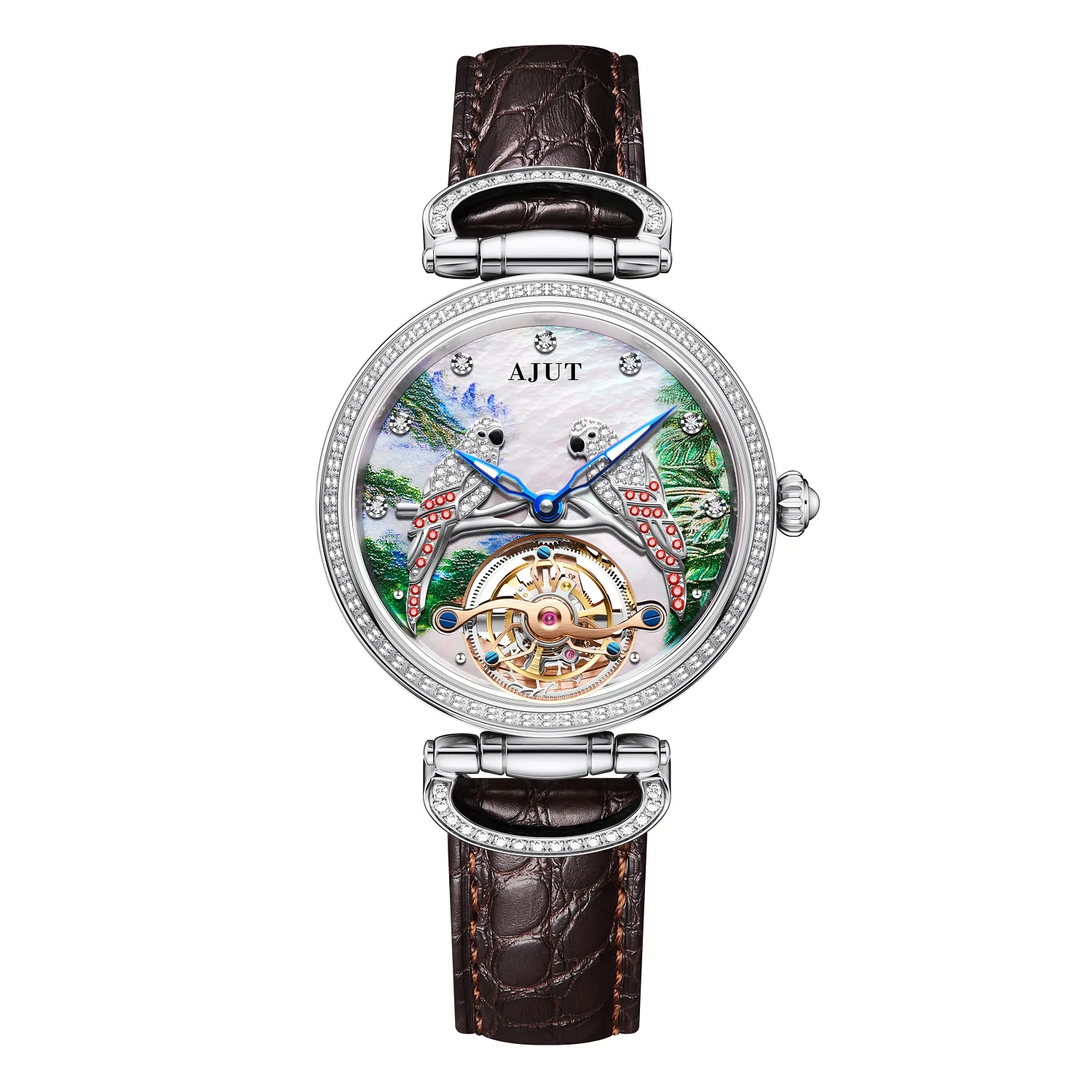 AJUT Tourbillon Orologio meccanico automatico da uomo Diamanti in rilievo Pappagallo intarsiato Zircone Orologi da polso Tourbillon a carica automatica 0327