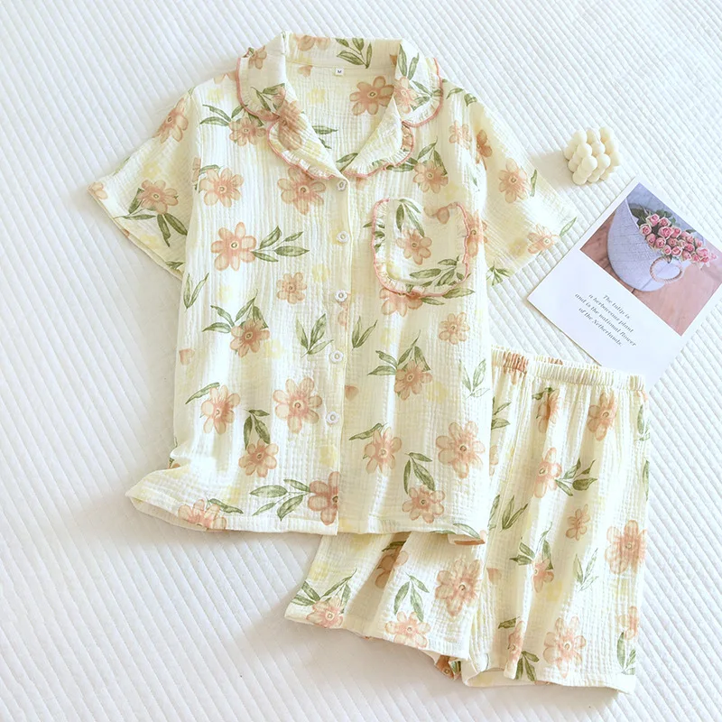 

2024 Summer New Women's Pajama Set 100% Cotton Crepe Short Sleeve Shorts Two Piece Flower Loose Homewear Set Sleepwear Pijamas