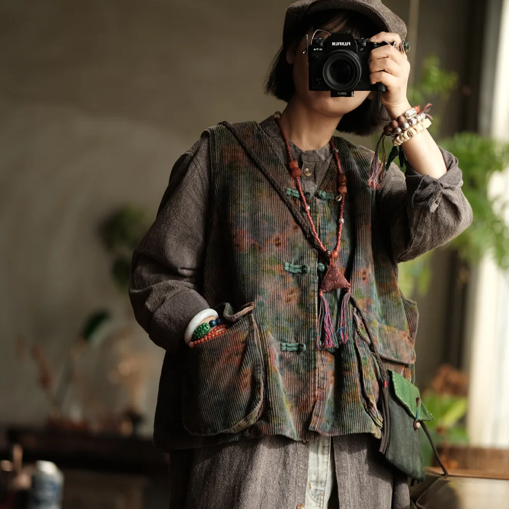 High Quality Cotton Casual Vests Jackets Women New 2024 Autumn Vintage Style V-neck Print Loose Female Sleeveless Coats M156