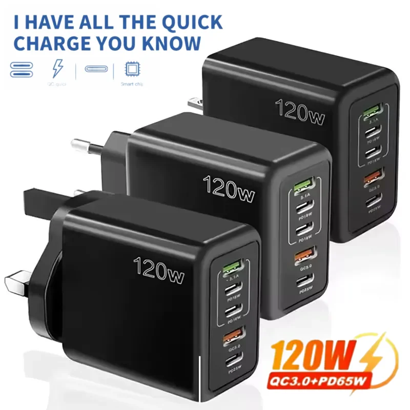 Multi Ports USB C Charger 120W PD Type C Fast Wall Charger EU/US/UK Plug for iPhone Samsung Xiaomi Huawei Mobile Phone Adapter