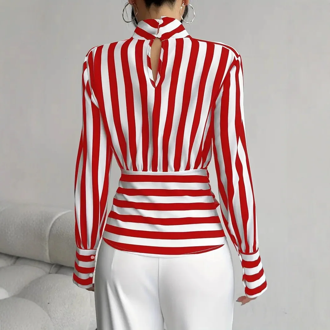 موضة فضفاض المشارب المرأة بلوزة أنيقة عالية الياقة كم طويل قمصان وبلوزات خمر حزام الدانتيل متابعة ملابس حريمي #6