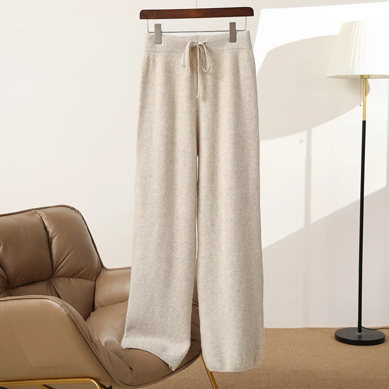 100% merino wool women's knitted trousers, fashionable, warm, honeycomb stitching, wide-leg pants, new autumn and winter 2024