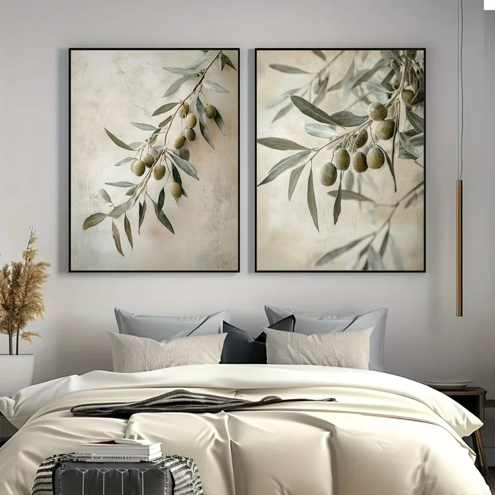 2pcs FramelessOlive Branch Canvas Prints,Olive Branch Paintings,Retro Mediterranean Plant Decor,Green Leaves and Olive Posters