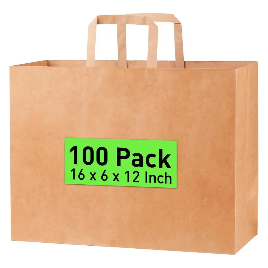 

Бумажные пакеты для покупок из крафт-бумаги коричневого цвета с ручками, большие, 16x6x12 дюймов, 100 штук в упаковке, прочные подарочные пакеты