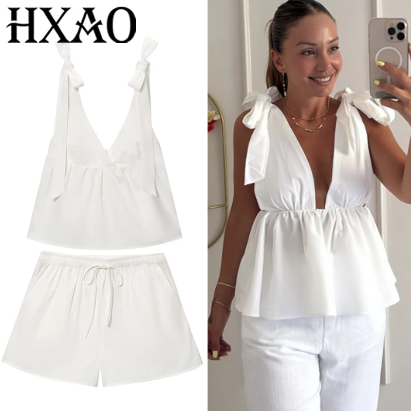 

HXAO White Short Sets Summer Women's Suit Butterfly Slip Top Tied Mini Shorts Casual Women Sets Backless Top Woman Shorts Set