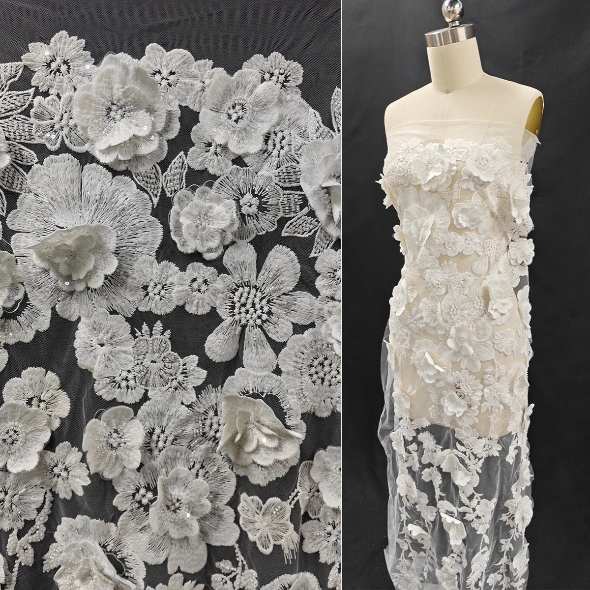 

Luxury three-dimensional flower nail bead sequin embroidery fabric wedding dresses evening gowns skirt decorations DIY fabric