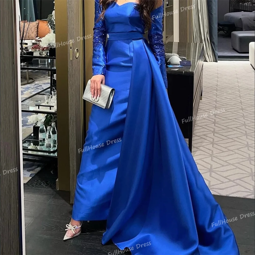 أدلى مخصص مذهل قبالة الكتف مطوي مثير غمد ثوب مسائي عارية الذراعين ماكسي الديكور 3/4 كم فستان الحفلة الراقصة مع القطار