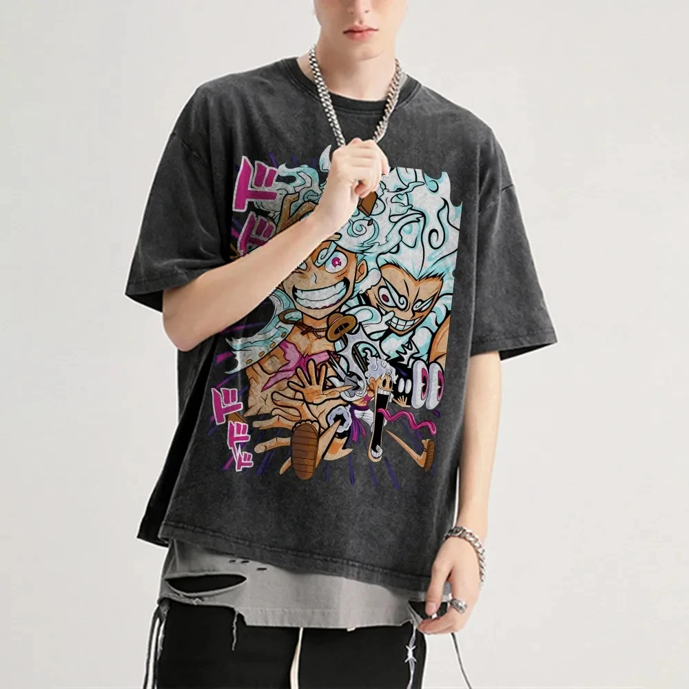 ONE PIECE Printed Short Sleeve T-Shirt Casual Summer Wear Men's Street Clothing Men's T-Shirt Washed and Old Comfortable Pop
