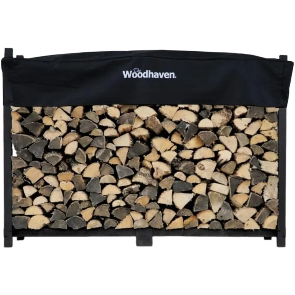 6 Foot Black - Outdoor Cord Firewood Storage Log Rack With Seasoning Cover Set - Metal Firewood Rack With UV-Stable Powder Coat