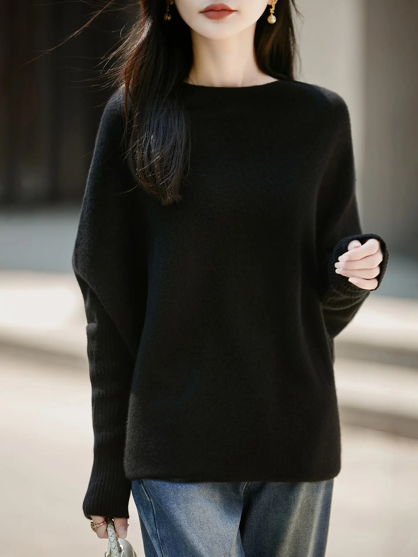 Women's 100% Merino Wool Sweater Boat Neck Batwing Sleeve Knit Pullover Loose Solid Soft Casual Top for Autumn Winter Tick Warm