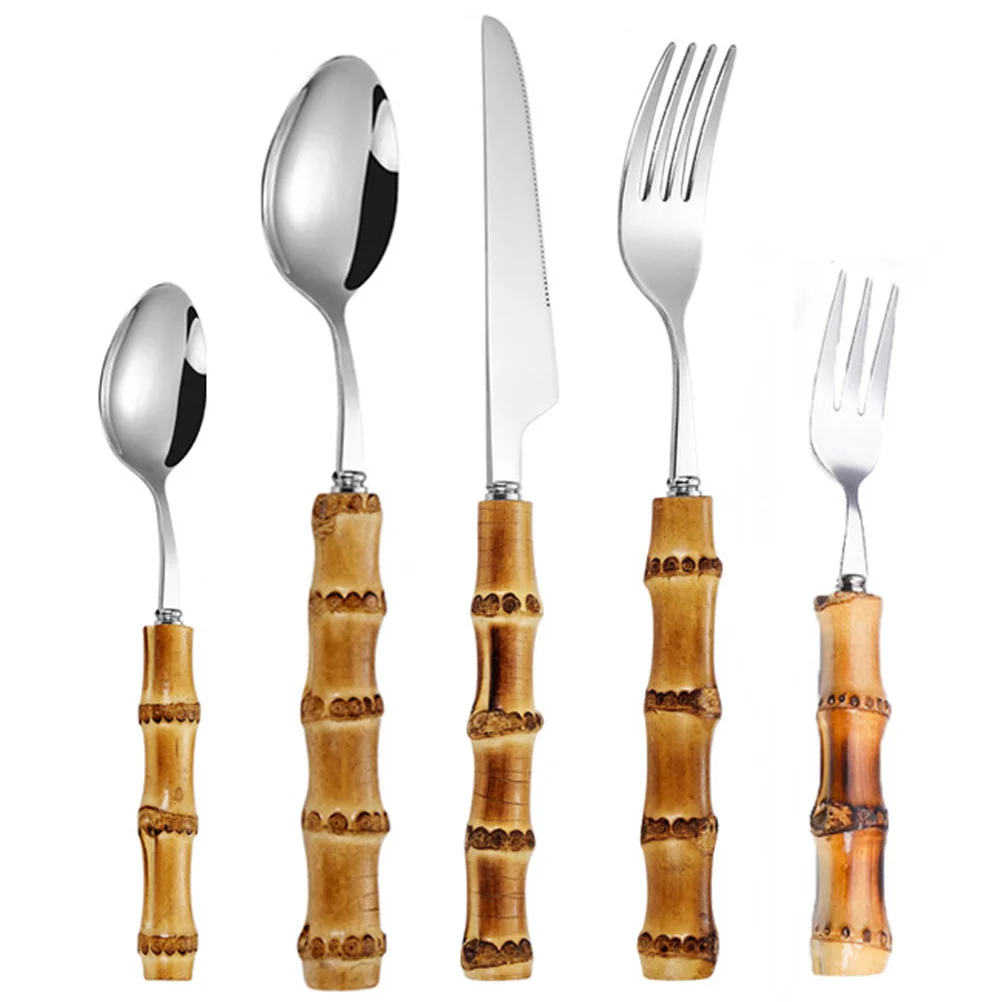 1 Set Stainless Steel Cutlery Kit with Bamboo Handle Fork Spoon and Cutter Set for Restaurant and Kitchen Use